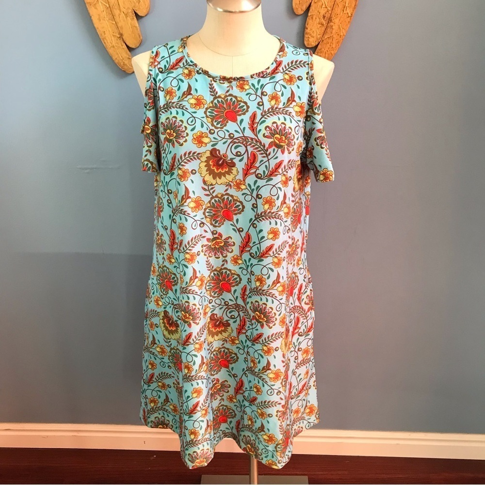 NWT Mountain Mamas aqua floral printed cold shoulder tunic/dress size S/M